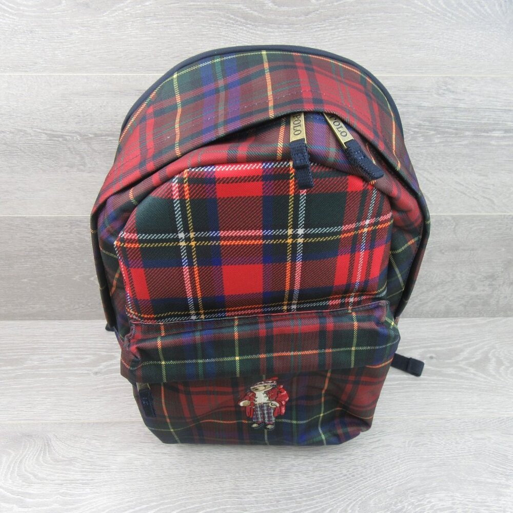 Polo Ralph Lauren Polo Bear Red Navy Plaid Check Backpack School Travel - Picture 4 of 16